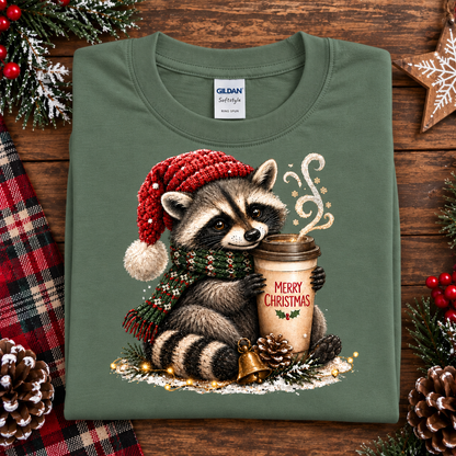 Christmas Coffee Raccoon with Santa Hat