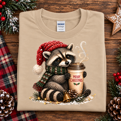 Christmas Coffee Raccoon with Santa Hat