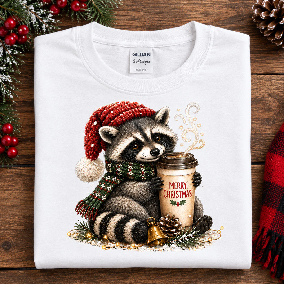 Christmas Coffee Raccoon with Santa Hat