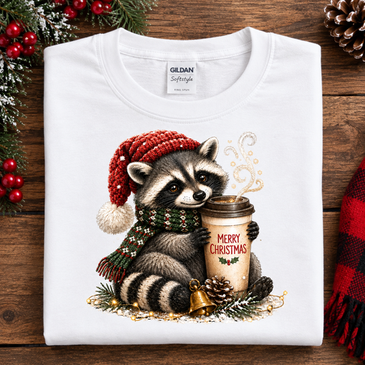 Christmas Coffee Raccoon with Santa Hat