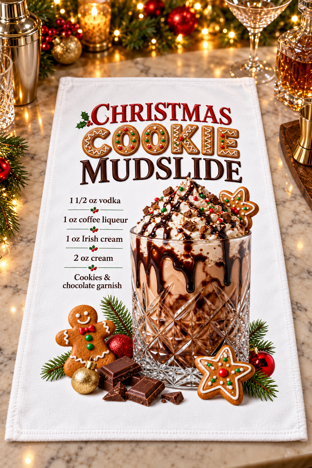 A white Christmas-themed kitchen towel laid flat on a marble countertop, printed with the text 'Christmas Cookie Mudslide' and a graphic design of a chocolate-draped whipped drink garnished with cookies and holiday decorations. The scene is styled with festive lights, ornaments, and glasses in the background.
