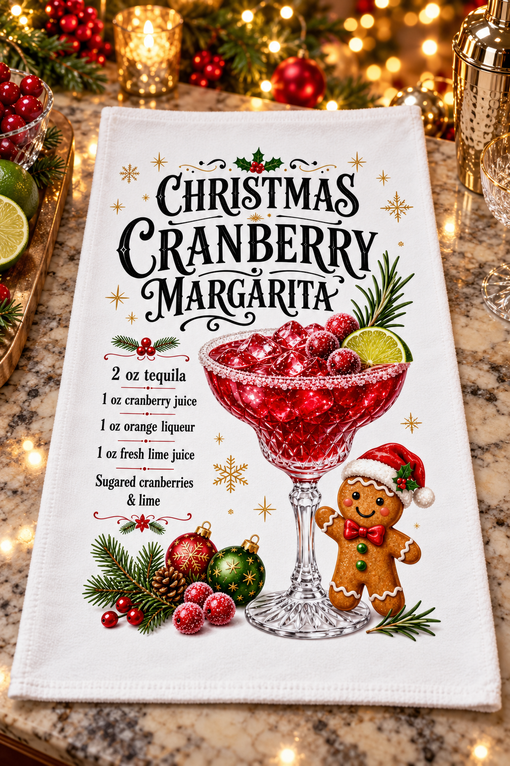 A white kitchen towel with a festive Christmas Cranberry Margarita print, laid flat on a granite countertop surrounded by holiday lights and decorations.