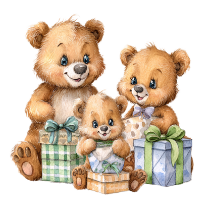 Watercolor-style illustration of three teddy bears surrounded by wrapped gift boxes on a plain white background.