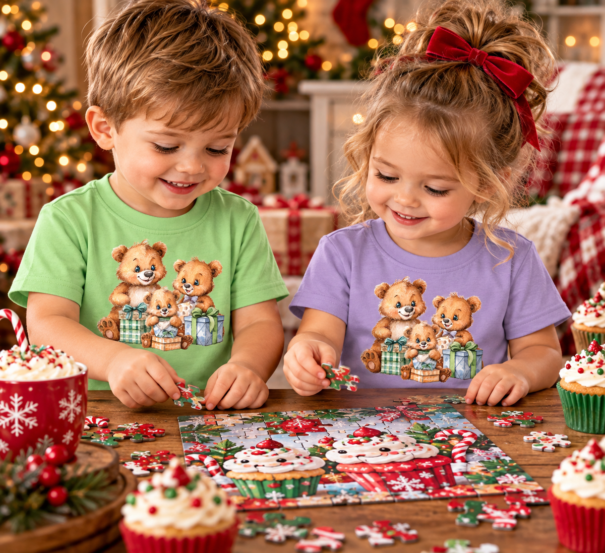 Two children, a boy in a green shirt and a girl in a purple shirt, both featuring a matching graphic of three teddy bears with gifts, are happily assembling a jigsaw puzzle on a wooden table. The scene is decorated for Christmas with cupcakes, a mug, and festive lights in the background.