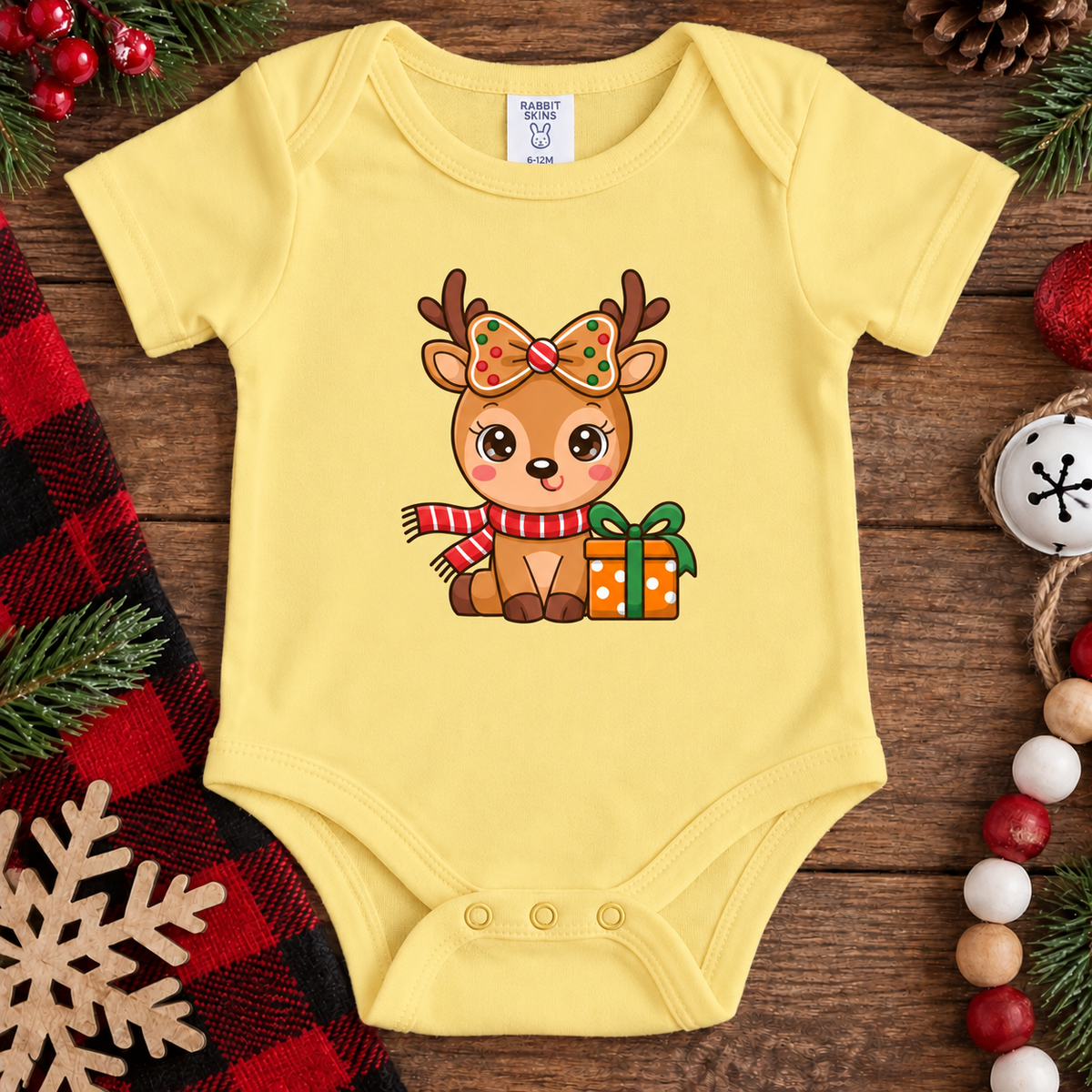 Christmas Cutie Reindeer with Gingerbread Bow (Baby Onesie & Toddler Tee)