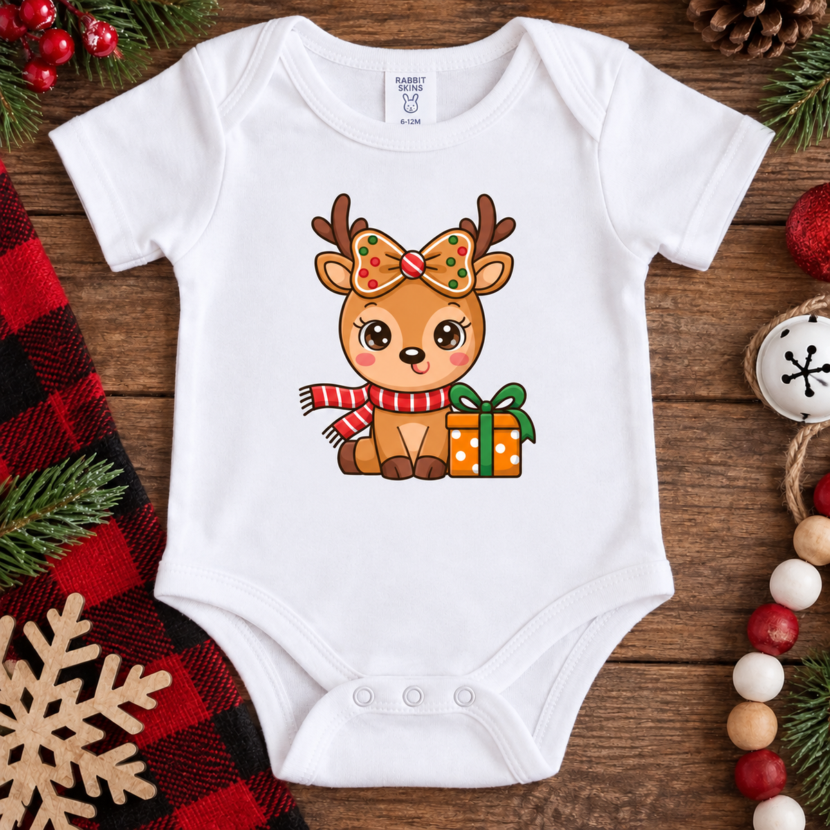 Christmas Cutie Reindeer with Gingerbread Bow (Baby Onesie & Toddler Tee)