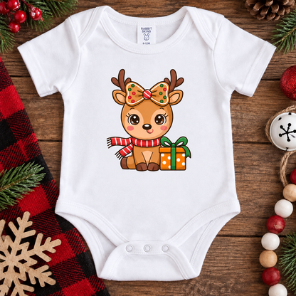 Christmas Cutie Reindeer with Gingerbread Bow (Baby Onesie & Toddler Tee)