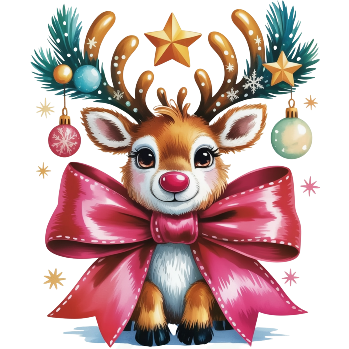 A cute cartoon reindeer with large antlers decorated with pine branches, ornaments, and stars, wearing a oversized pink bow around its neck, on a white background.