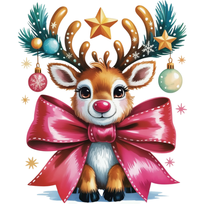 A cute cartoon reindeer with large antlers decorated with pine branches, ornaments, and stars, wearing a oversized pink bow around its neck, on a white background.