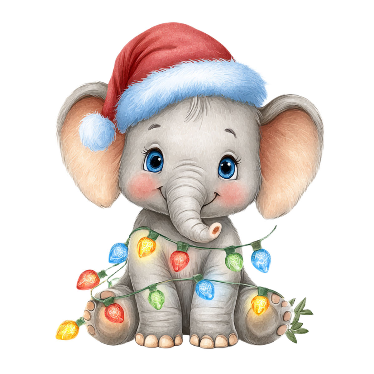 A cute baby elephant wearing a red Santa hat with a fluffy light blue trim and a string of multicolored Christmas lights around its trunk and legs, isolated on a white background.