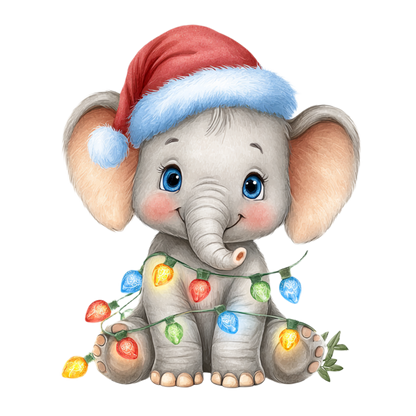 A cute baby elephant wearing a red Santa hat with a fluffy light blue trim and a string of multicolored Christmas lights around its trunk and legs, isolated on a white background.
