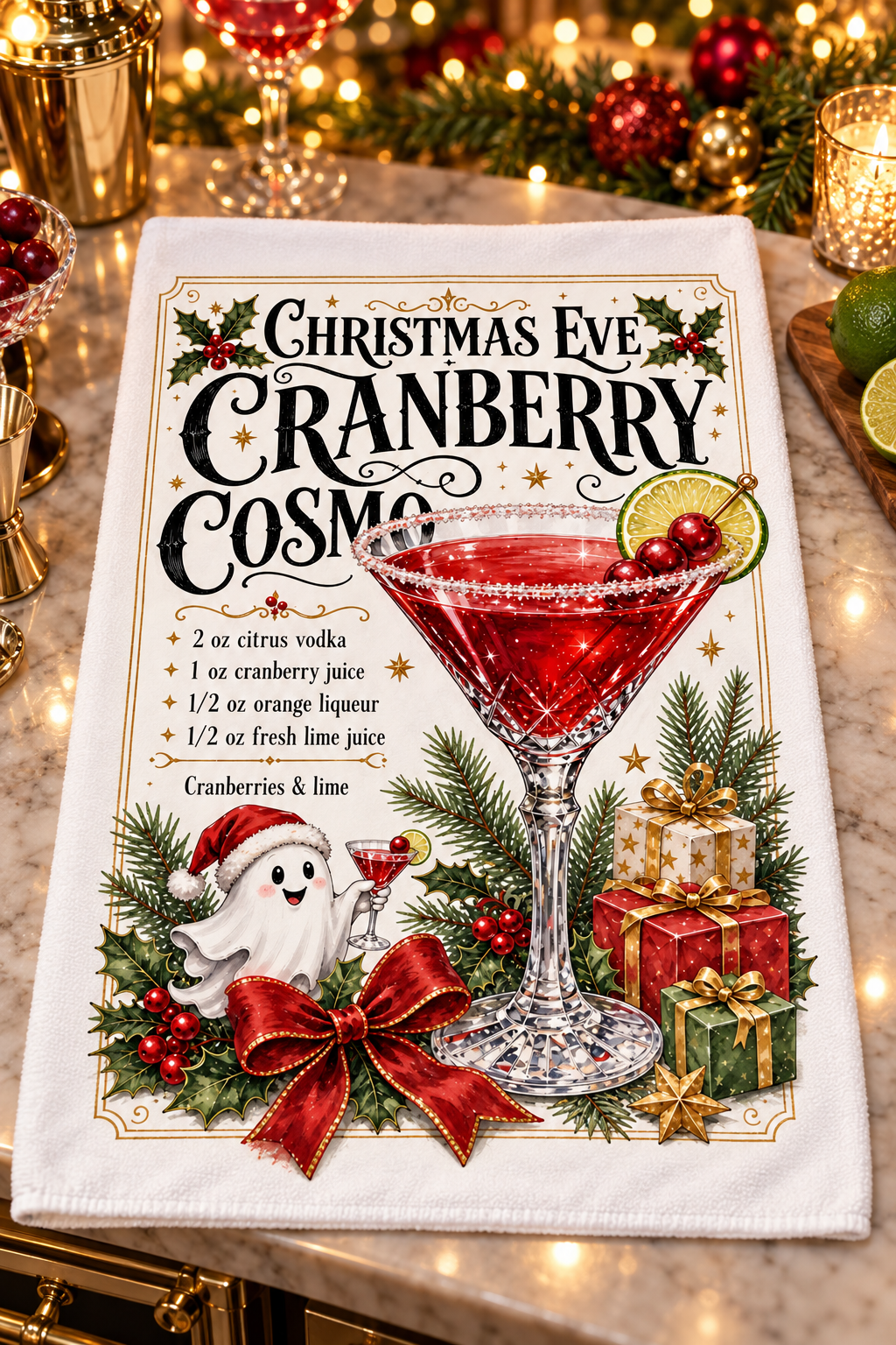 A white kitchen towel featuring a festive Christmas Eve Cranberry Cosmo recipe and graphic design of a cosmos presents and bows