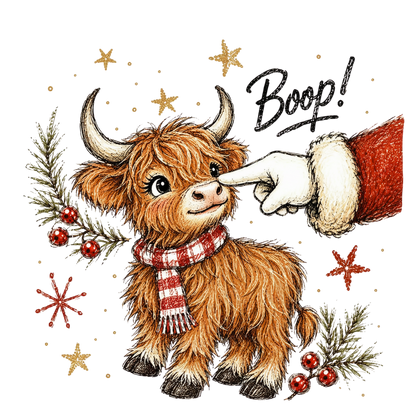 A festive illustration of a fluffy brown highland cow wearing a red-and-white striped scarf, with a human hand in a white glove touching its nose. The scene includes the word “Boop!” and holiday decorations such as pine branches, red berries, gold stars, and red snowflake motifs on a white background.