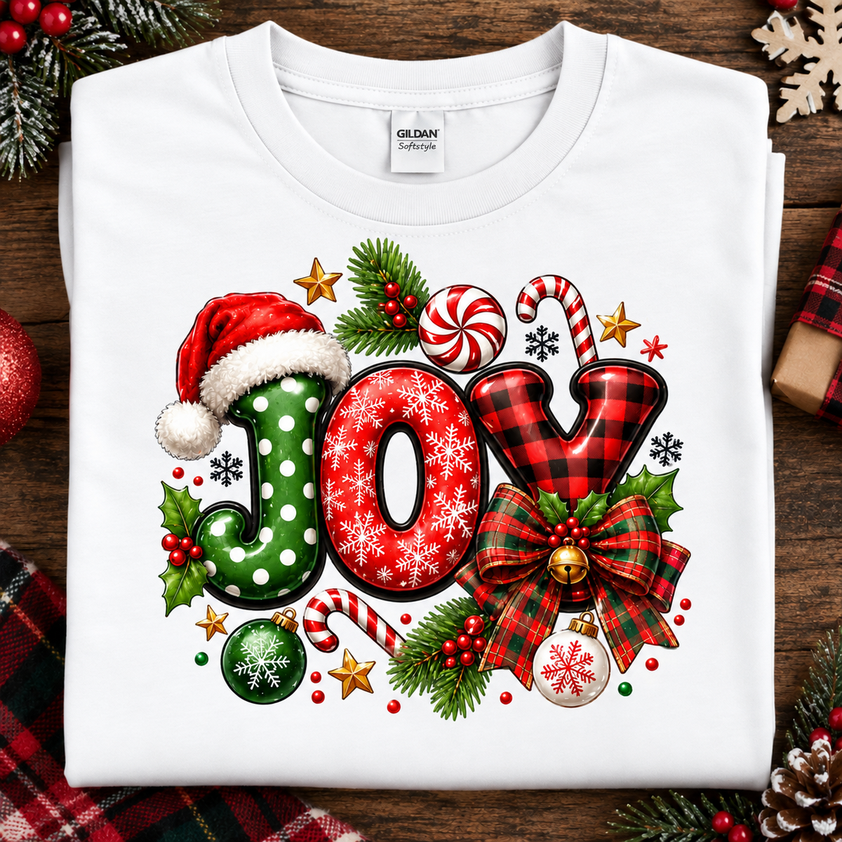 A folded white Gildan Comfort T-shirt with a large, colorful Christmas-themed 'JOY' graphic, displayed on a rustic dark wood background with holiday decorations.