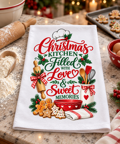 A white kitchen tea towel with a festive Christmas-themed graphic print, displayed on a granite countertop surrounded by baking props like a rolling pin, flour, and cookies.