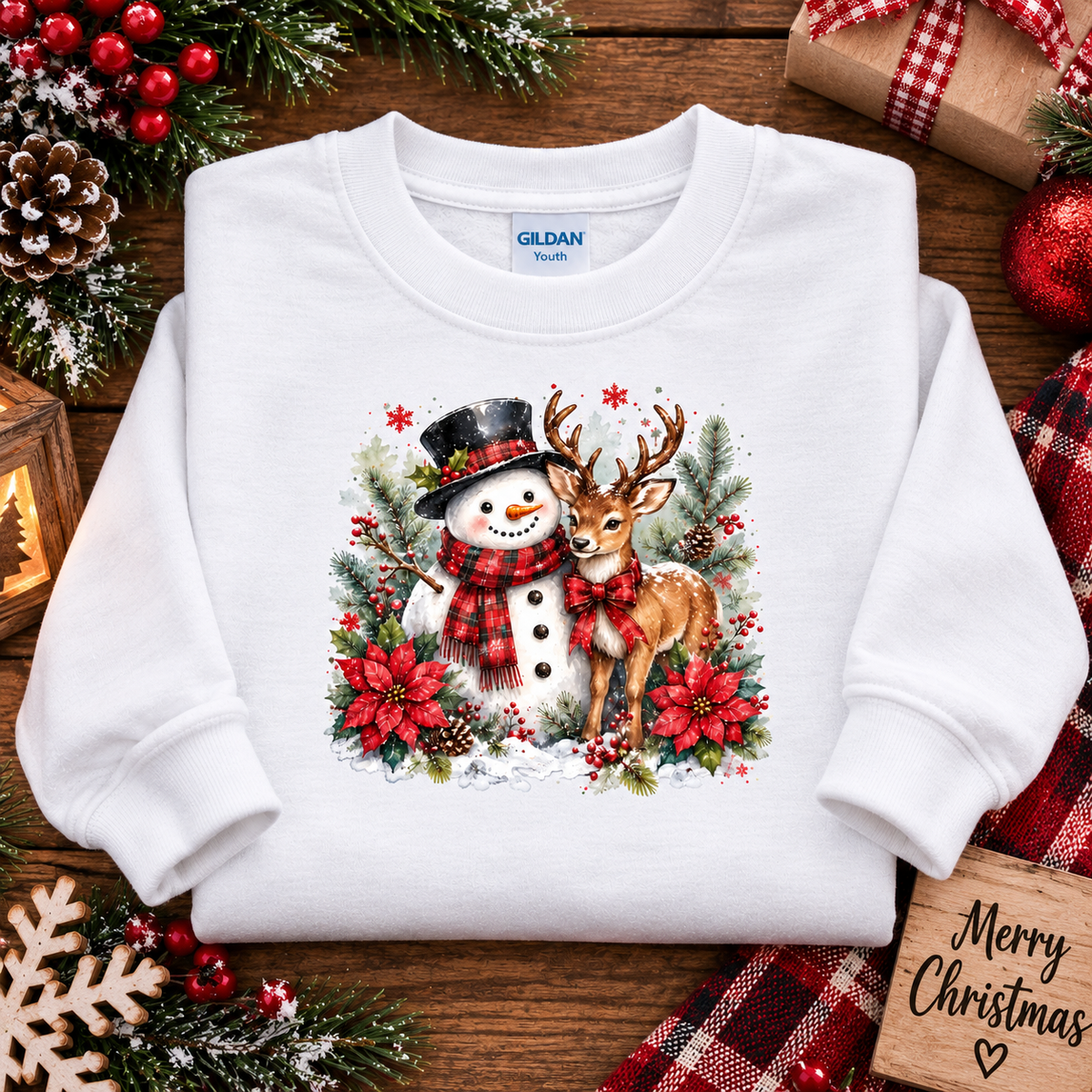 A white Gildan Youth crewneck sweatshirt featuring a festive Christmas graphic of a snowman and a deer, styled in a flat-lay on a wooden surface with holiday decorations.