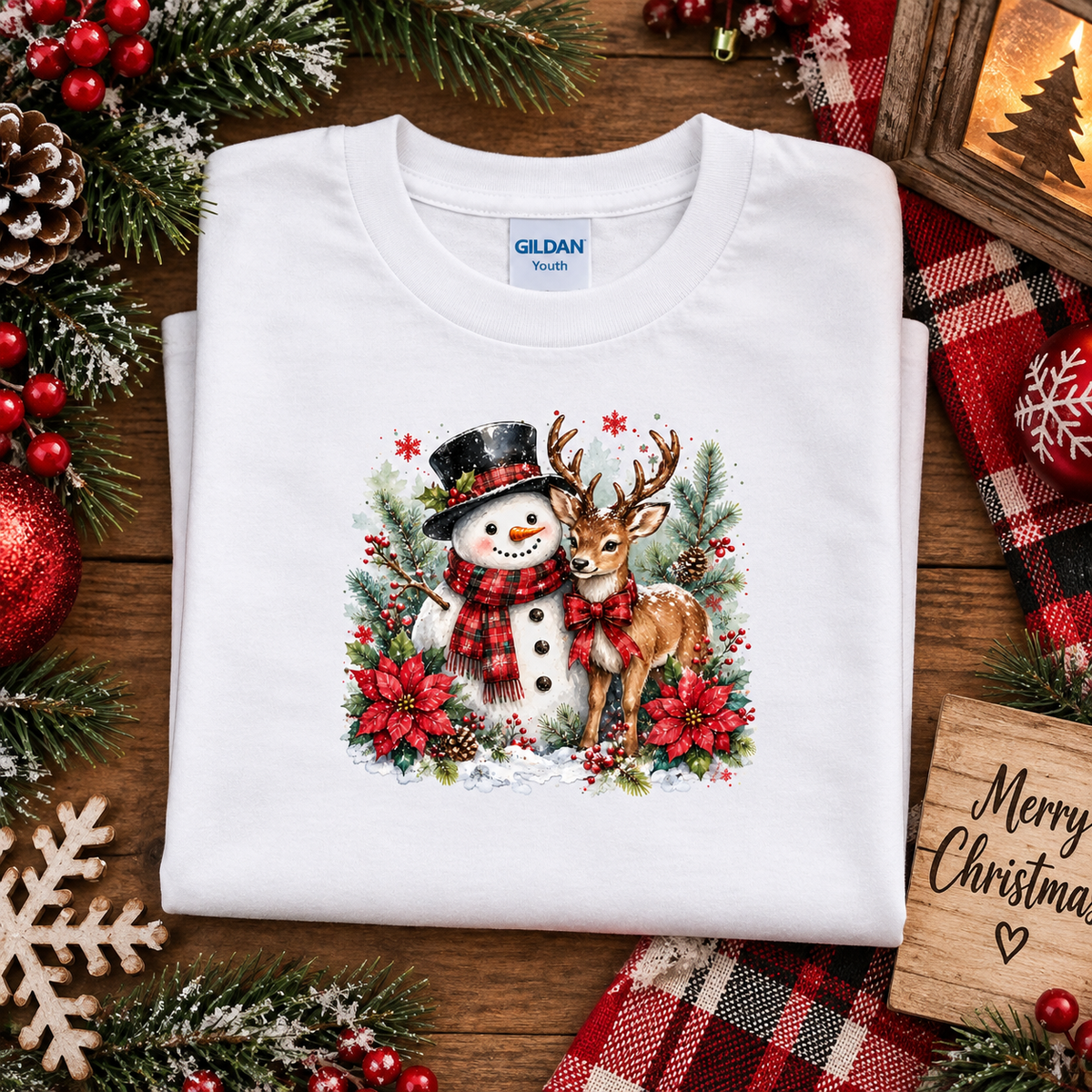 A folded white Gildan Youth t-shirt with a festive Christmas snowman and deer graphic, displayed on a wooden surface surrounded by holiday decorations including pine branches, red berries, a plaid blanket, and a wooden 'Merry Christmas' sign.