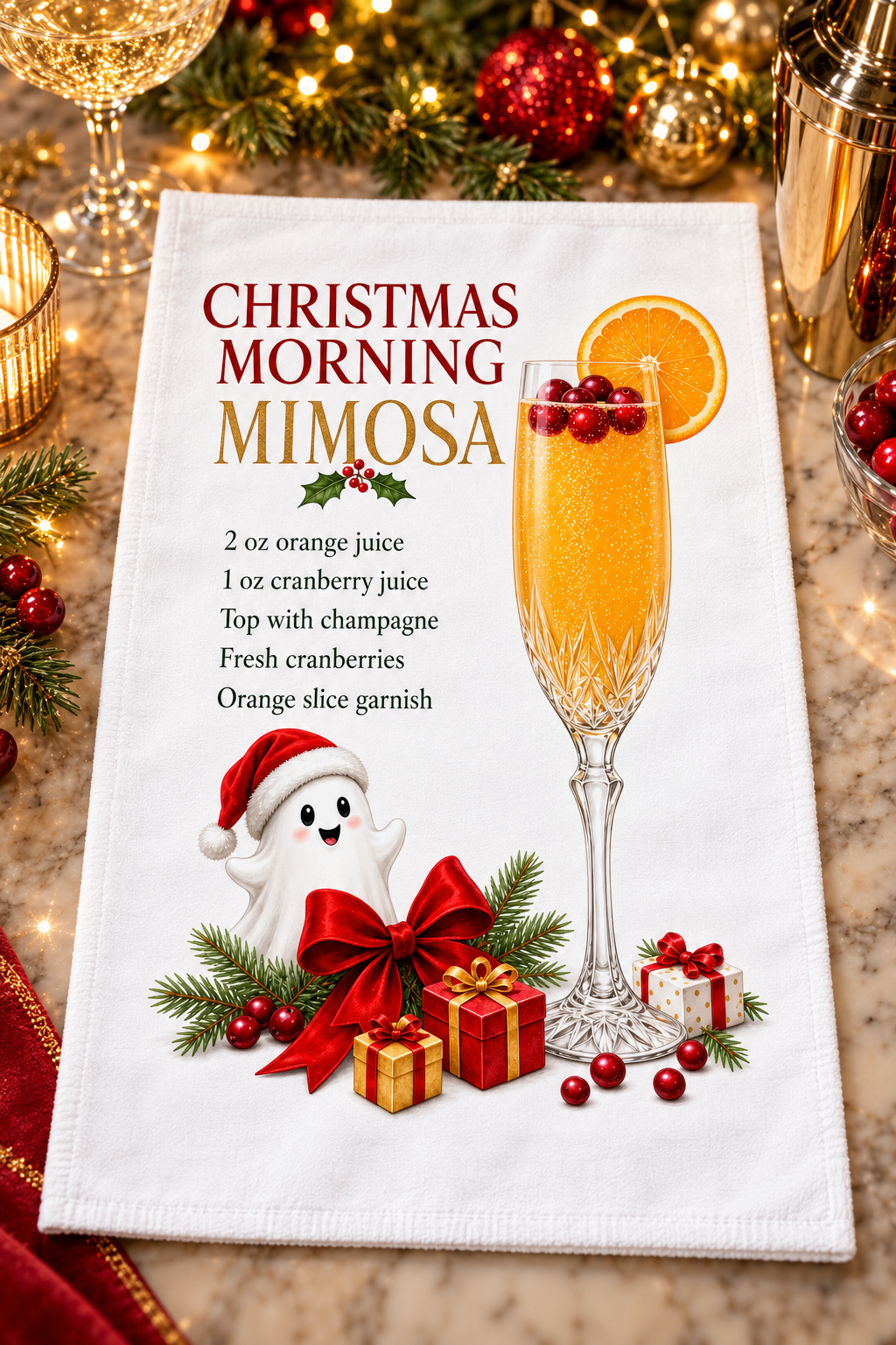 A white kitchen towel with a festive Christmas morning mimosa recipe and graphic design displayed on a marble countertop with holiday decorations in the background.