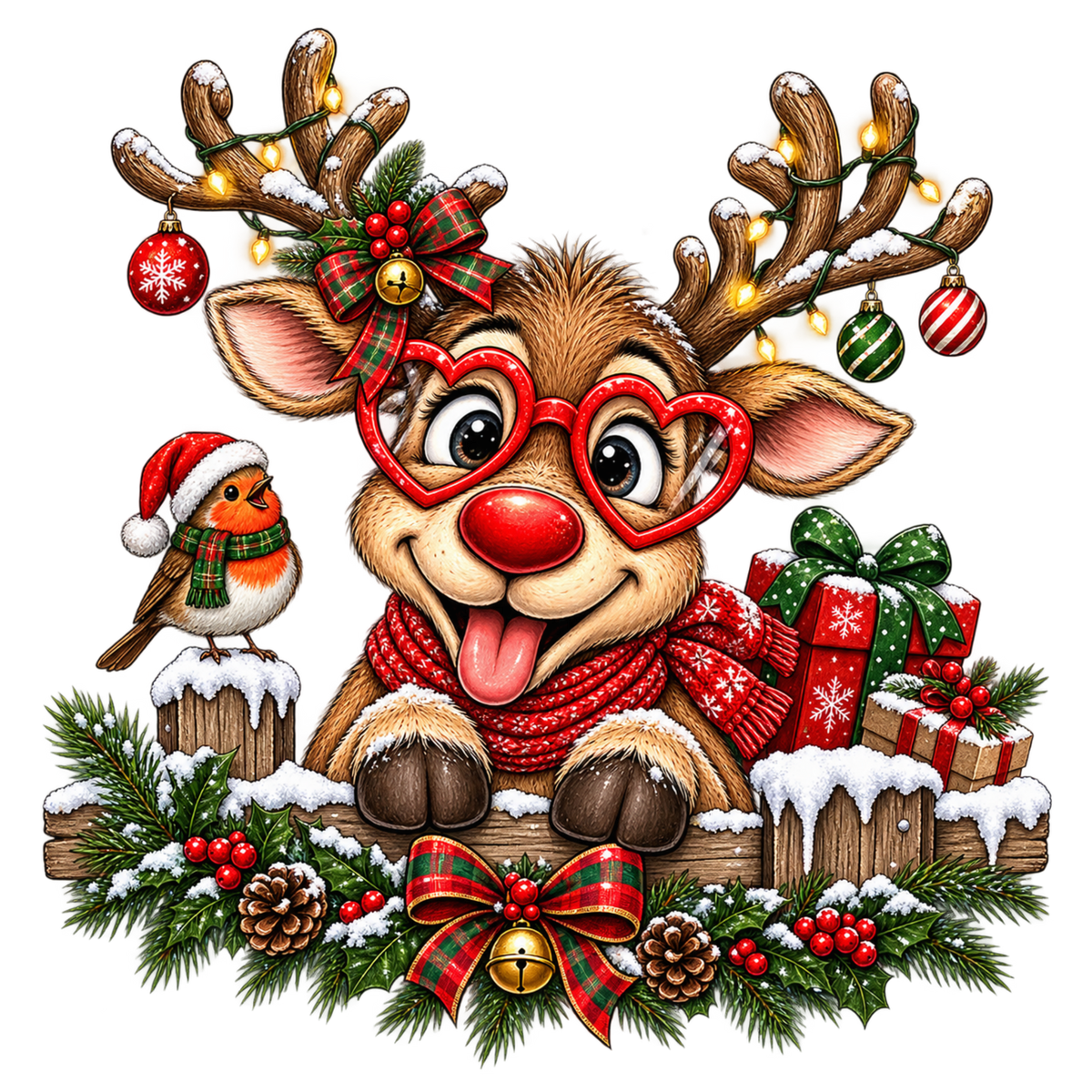 A festive Christmas illustration featuring a smiling reindeer with antlers, red heart-shaped glasses, a red plaid bow, and a red scarf, surrounded by a robin, pine garland, ornaments, gifts, and a large red bow on a white background.