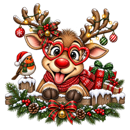 A festive Christmas illustration featuring a smiling reindeer with antlers, red heart-shaped glasses, a red plaid bow, and a red scarf, surrounded by a robin, pine garland, ornaments, gifts, and a large red bow on a white background.
