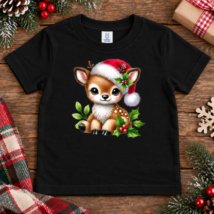 A black short-sleeve t-shirt with a cute cartoon baby deer wearing a red Santa hat and green holly leaves on the front, displayed on a rustic wooden background with holiday decorations.