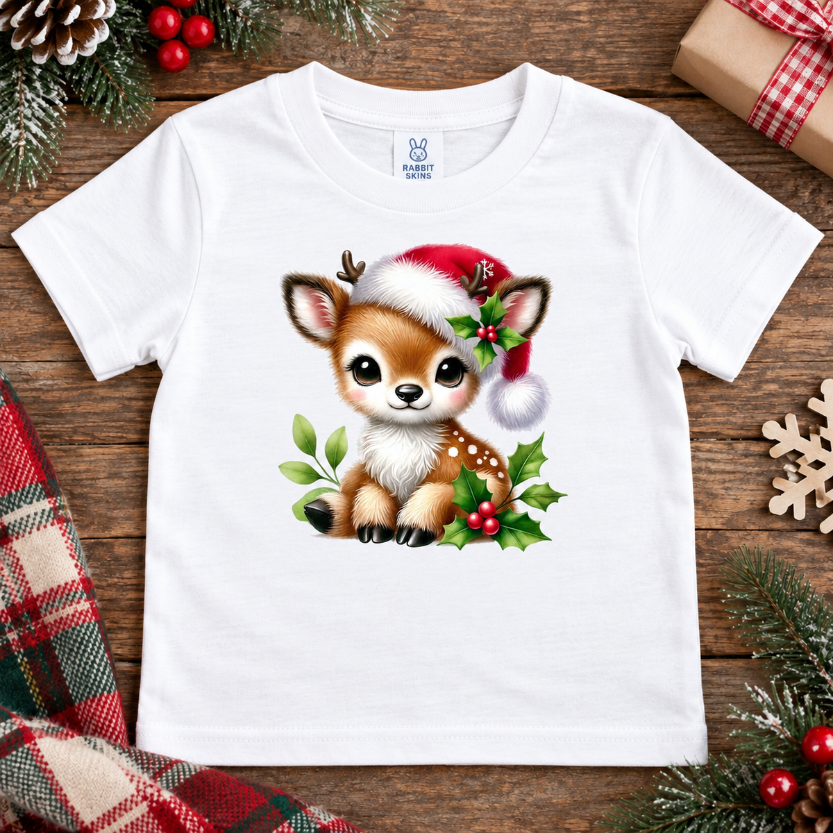 A white short-sleeve baby t-shirt with a cute cartoon Christmas fawn graphic wearing a Santa hat, displayed in a flat-lay holiday setting on a wooden surface.