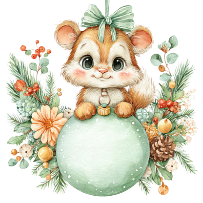 Watercolor-style illustration of a small brown and cream hamster sitting on a large pale green ornament, surrounded by festive greenery, berries, flowers, pine branches, and a bow, on a white background.