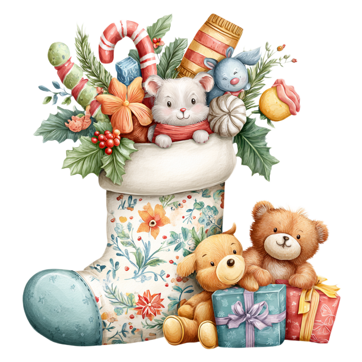 A whimsical Christmas illustration featuring a floral stocking filled with candy canes, holly, ornaments, and a white rabbit, with two teddy bears and wrapped gifts beside it on a plain white background.