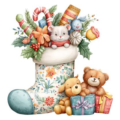 A whimsical Christmas illustration featuring a floral stocking filled with candy canes, holly, ornaments, and a white rabbit, with two teddy bears and wrapped gifts beside it on a plain white background.