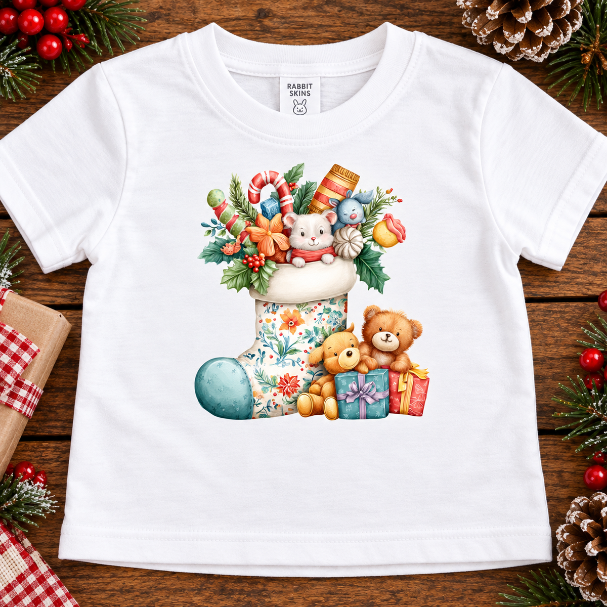 A white short-sleeve kids' t-shirt with a colorful Christmas-themed graphic print, laid flat on a rustic wooden background decorated with pinecones, evergreen branches, and wrapped gifts. The graphic features a floral Christmas stocking with teddy bears and candy canes.