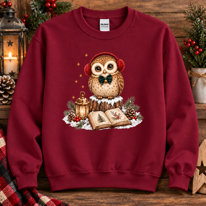 A cardinal red crewneck sweatshirt featuring a festive Christmas owl graphic on the chest, styled on a rustic wooden background with holiday decorations.