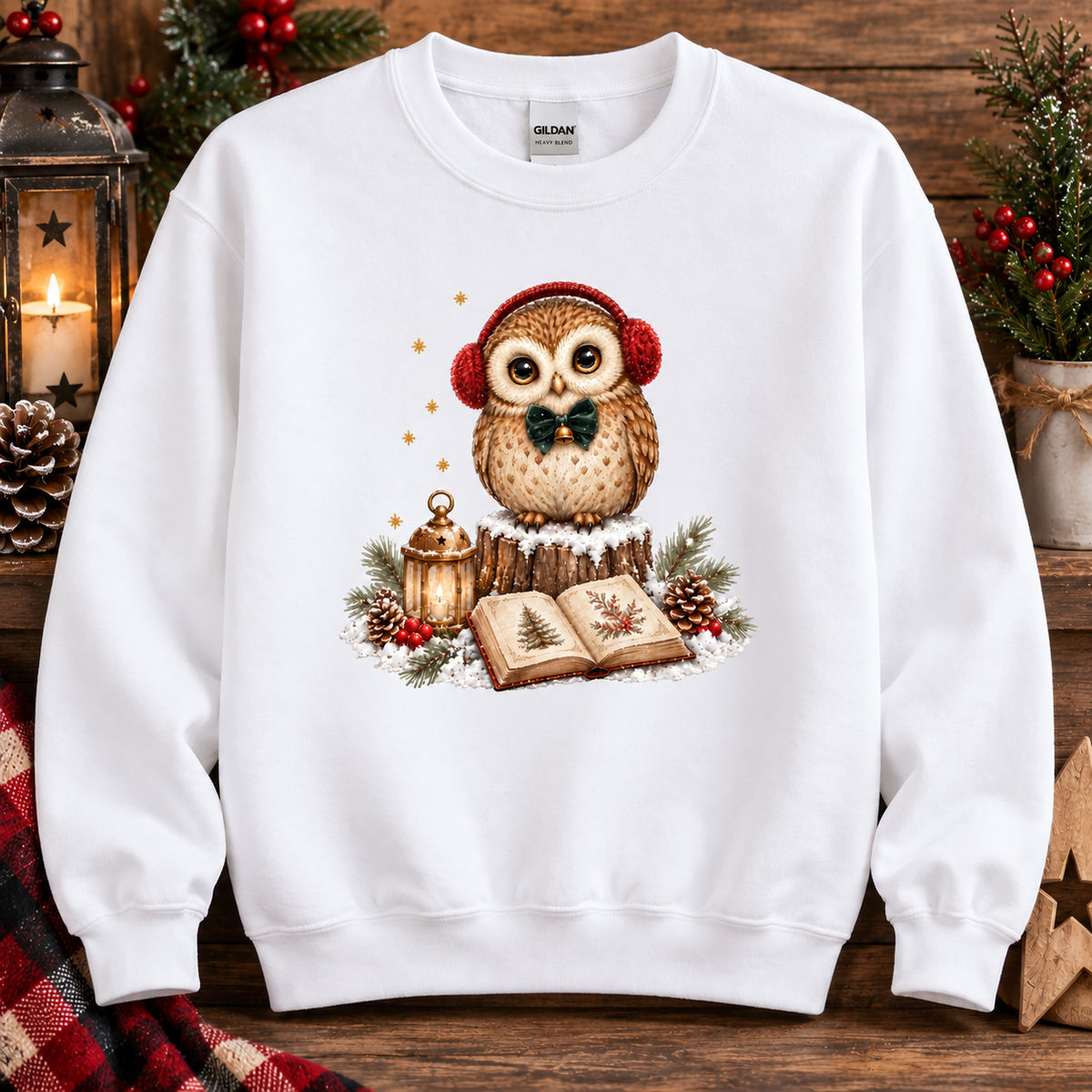 A white crewneck sweatshirt featuring a festive Christmas owl graphic, displayed on a rustic wooden background with holiday decorations.