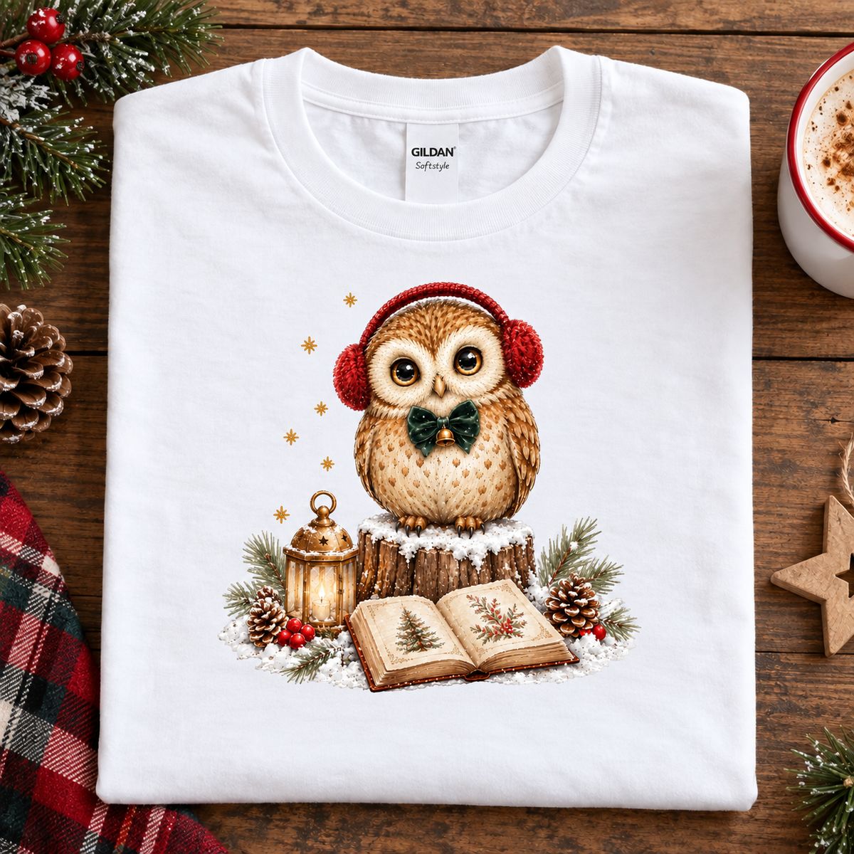 A white Gildan t-shirt laid flat on a rustic wooden table, featuring a festive Christmas owl graphic wearing red earmuffs and a green bow tie, surrounded by a lantern, open book, pinecones, and evergreen branches.