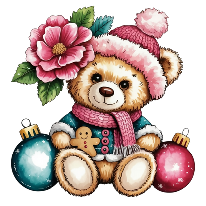 A cute cartoon teddy bear wearing a pink knit hat with a pom-pom and a pink knit scarf, surrounded by a large pink flower, green leaves, a gingerbread cookie, and two Christmas ornaments on a plain white background.