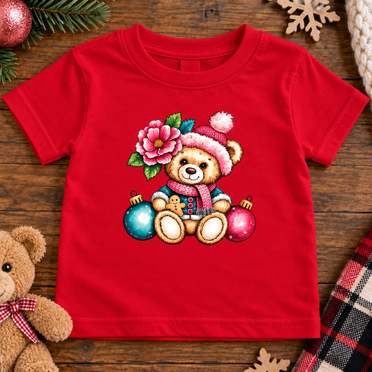 A red short-sleeve baby t-shirt with a colorful graphic of a teddy bear wearing a Santa hat and scarf, surrounded by a pink flower and Christmas ornaments, laid flat on a wooden surface with holiday decorations.