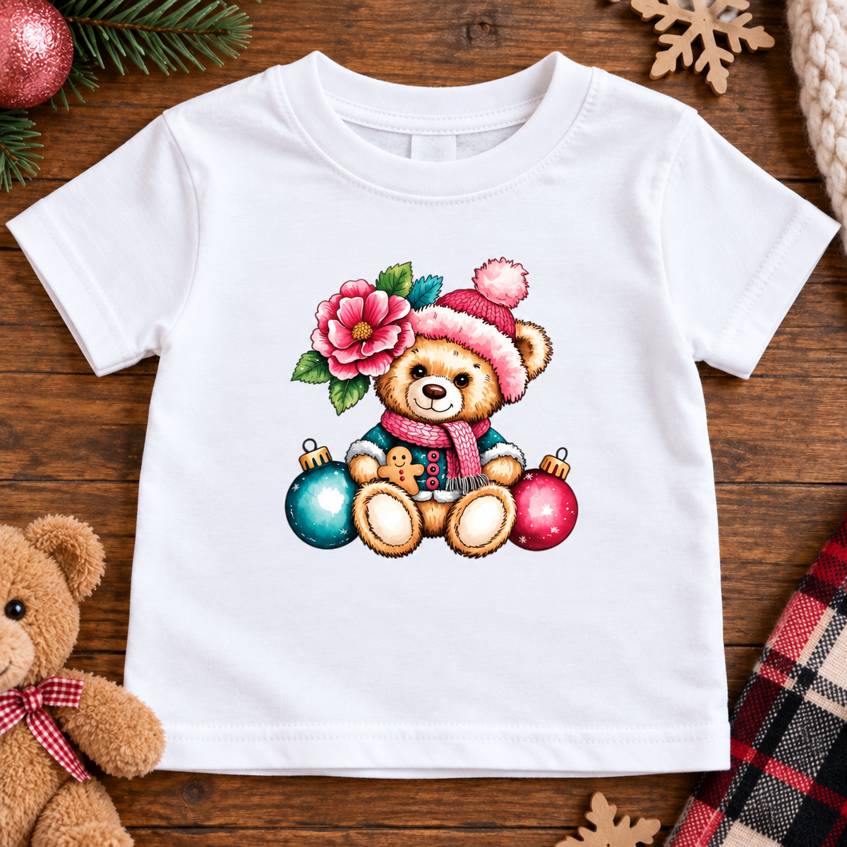 A white short-sleeve baby t-shirt laid flat on a rustic wooden background, featuring a colorful graphic of a teddy bear wearing a pink Santa hat and scarf, surrounded by a pink rose and Christmas ornaments. The shirt is styled with holiday props including a plush teddy bear, pine branches, a snowflake, and a plaid blanket.