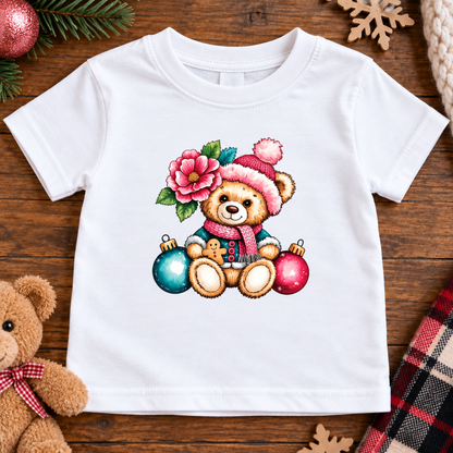A white short-sleeve baby t-shirt laid flat on a rustic wooden background, featuring a colorful graphic of a teddy bear wearing a pink Santa hat and scarf, surrounded by a pink rose and Christmas ornaments. The shirt is styled with holiday props including a plush teddy bear, pine branches, a snowflake, and a plaid blanket.
