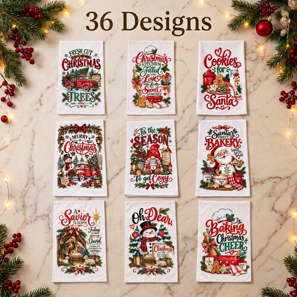 Nine white embroidered Christmas-themed kitchen towels arranged in a 3x3 grid on a marble surface, with the text '36 Designs' above them. The towels feature various festive embroidered illustrations including Santa, a red truck, snowman, tree, cookies, and holiday quotes.