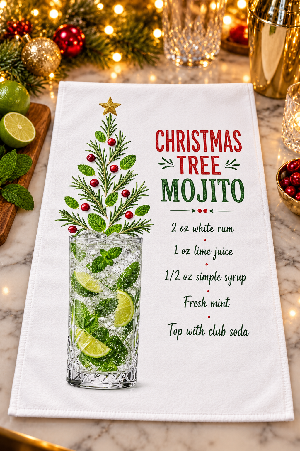 A white kitchen towel printed with a Christmas tree made from a mojito cocktail glass, surrounded by festive holiday decorations and warm string lights in the background.