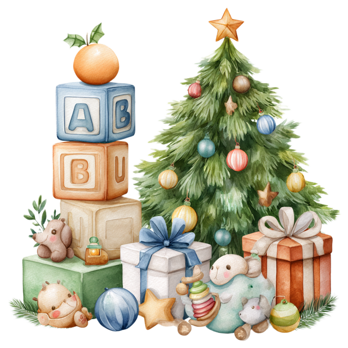 A watercolor-style Christmas nursery scene with a decorated green tree, stacked baby blocks, wrapped gift boxes, plush toys, ornaments, and a small orange on a white background.