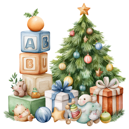 A watercolor-style Christmas nursery scene with a decorated green tree, stacked baby blocks, wrapped gift boxes, plush toys, ornaments, and a small orange on a white background.