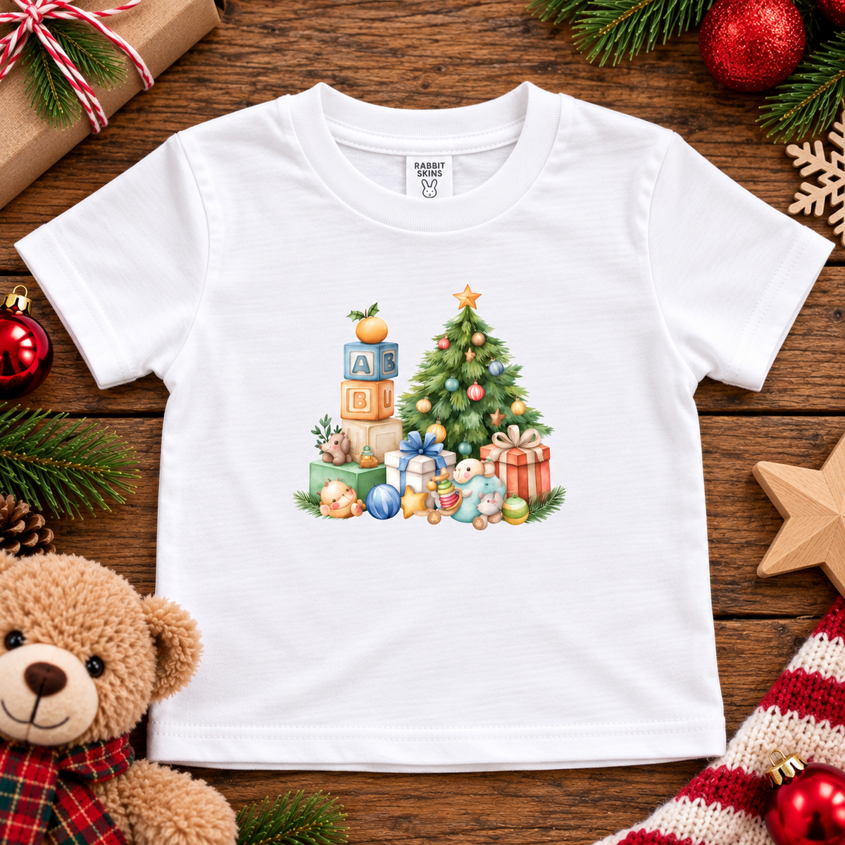 A white toddler t-shirt with a Christmas graphic with a tree, blocks and presents