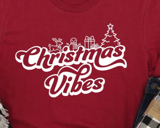 Christmas Vibes sweatshirt with simple white design featuring reindeer, gingerbread man, gift, and tree