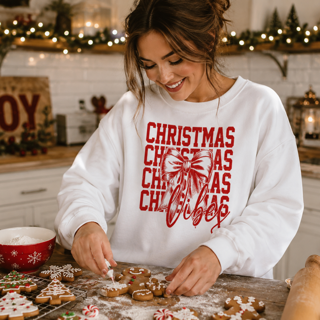 Woman in a kitchen wearing a 'Christmas Vibes' white sweatshirt decorating cookies.