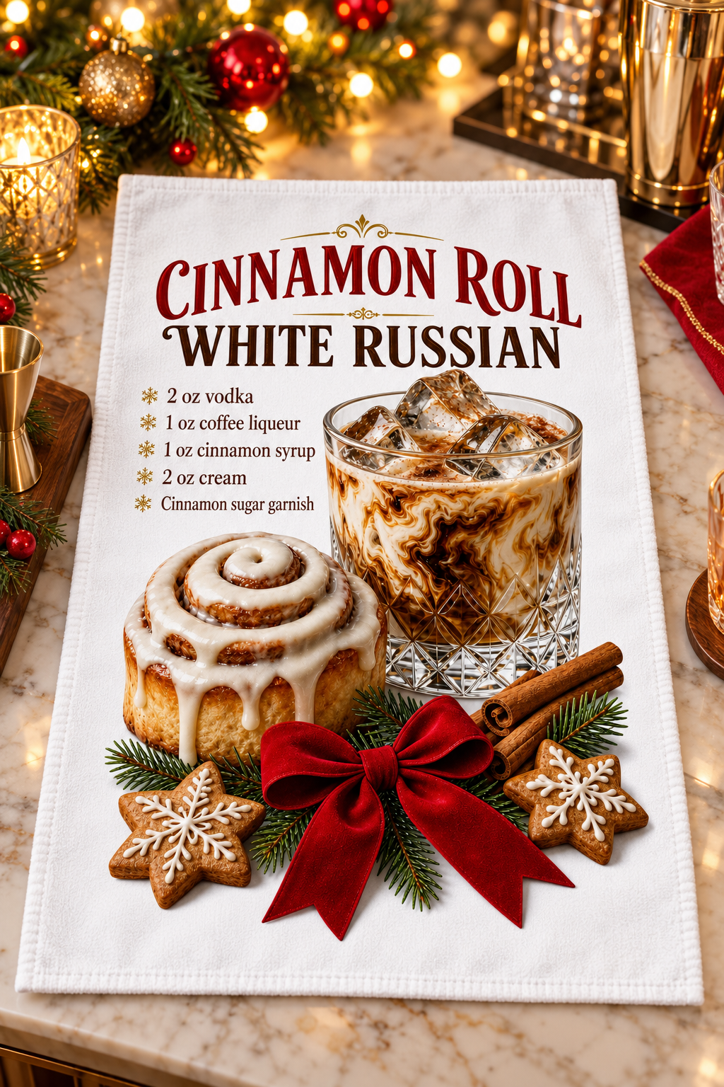 A white kitchen towel featuring a Christmas-themed 'Cinnamon Roll White Russian' recipe print, laid flat on a marble countertop with holiday decorations in the background.