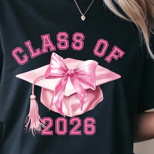 Class of 2026 graduation design with pink cap, bow, and tassel
