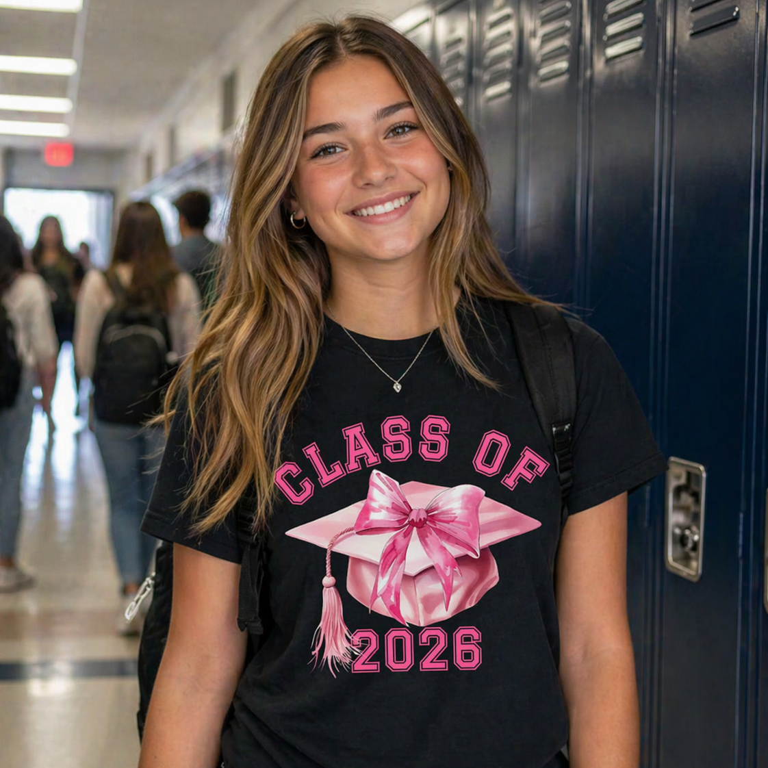 Young woman wearing a 'Class of 2026' t-shirt in a school hallway.