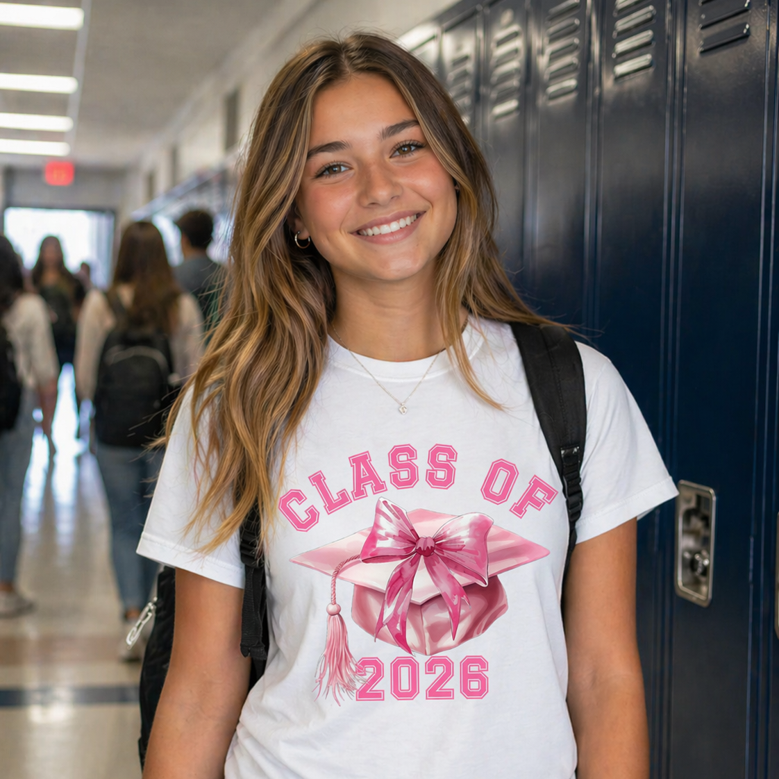 Young woman wearing a 'Class of 2026' t-shirt in a school hallway.