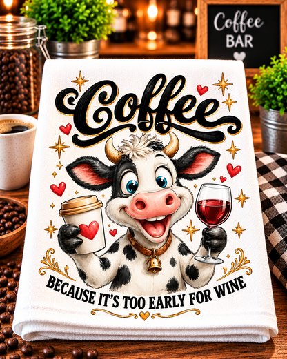 A folded white kitchen towel or tea towel displayed on a wooden table, featuring a cartoon cow holding a coffee cup and a wine glass under the word 'Coffee' in large black script, with the phrase 'BECAUSE IT'S TOO EARLY FOR WINE' at the bottom. 