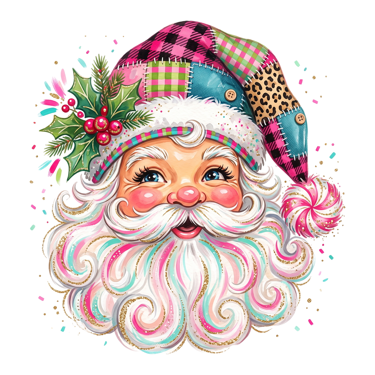 A colorful illustrated Santa Claus face with a fluffy white beard, pink cheeks, and a patchwork Santa hat in pink plaid, green gingham, teal, leopard print, and glitter accents, shown on a white background with small confetti dots.